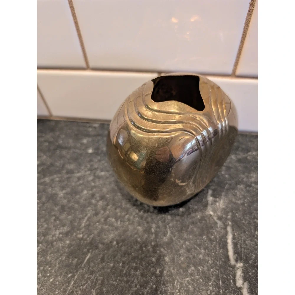 Vintage Brass Art Deco Ribbed Orb Bud Vase Round Polished Gold Tone MCM Decor